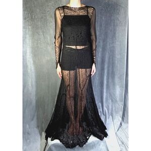 Vtg 1930s Sheer Black Silk Lace Maxi Dress Sheer Long Sleeve WitchyGoth Small
